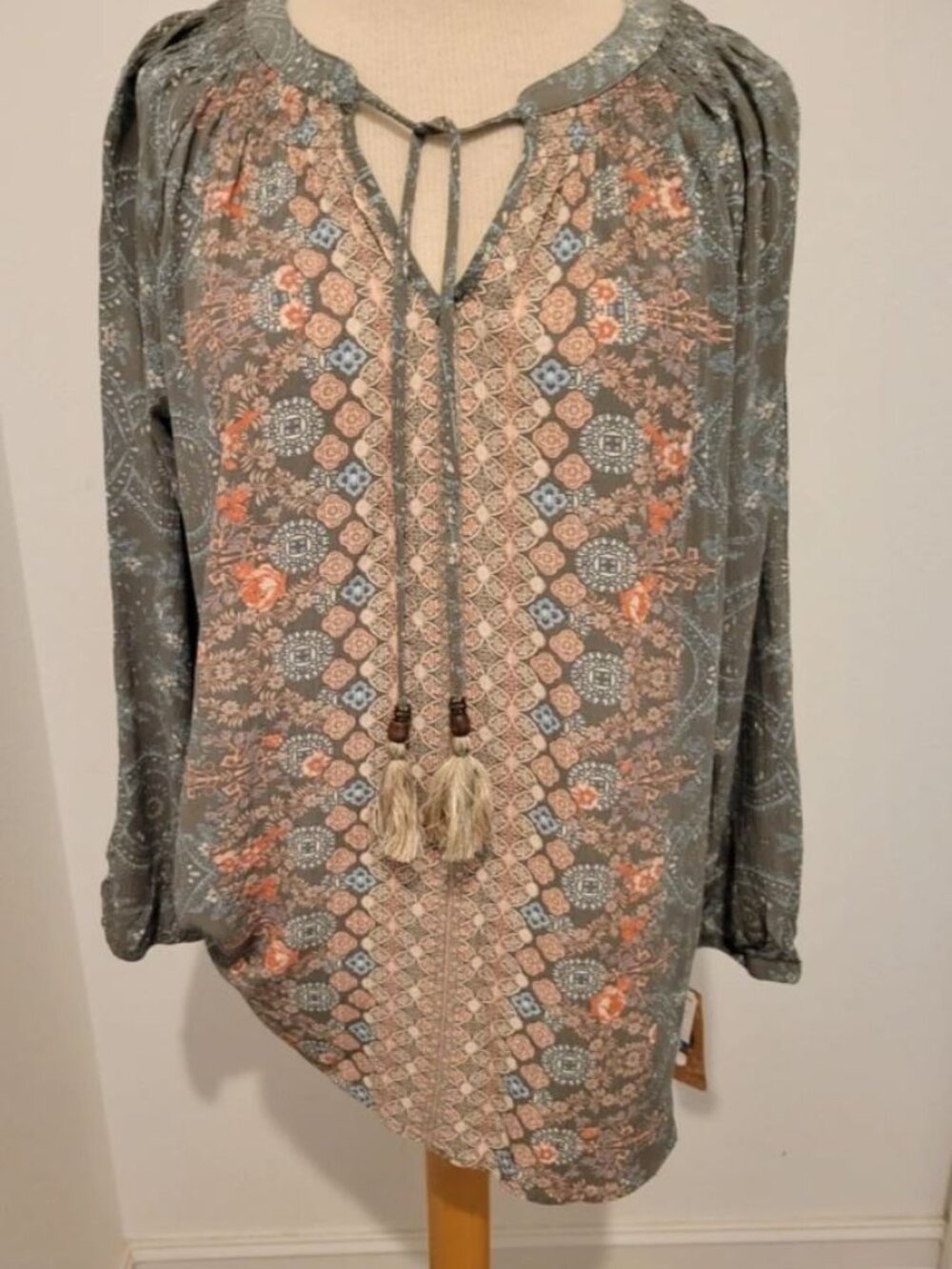Boho print tie neck peasant style blouse